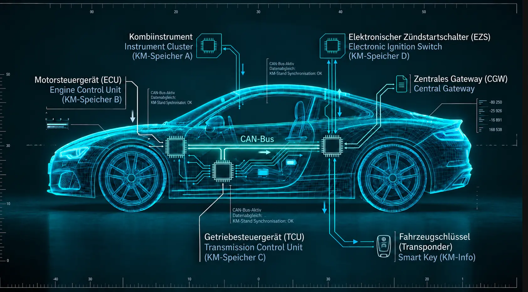 CAN-Bus Network Topology and Odometer Memory Locations in Control Units